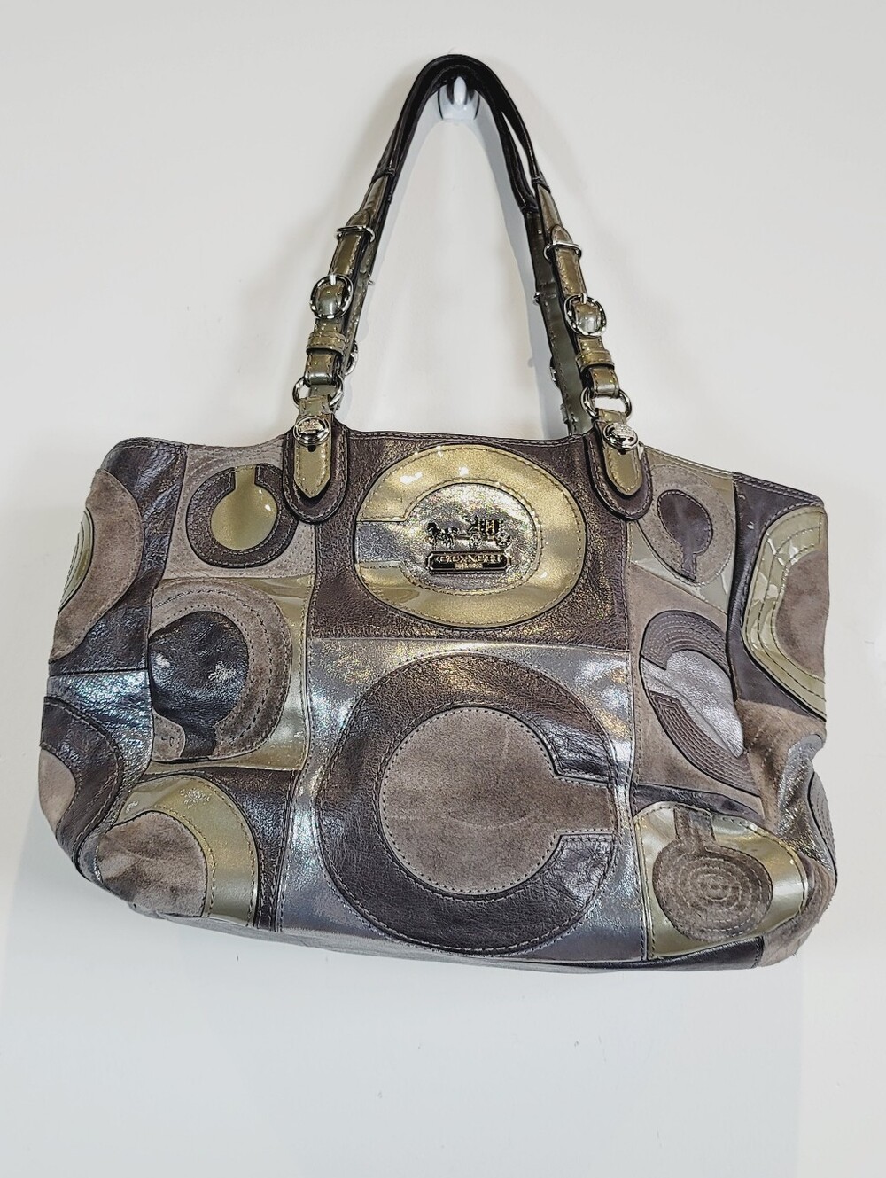 Coach Metallic Circle Patchwork Shoulder Bag in Taupe and Gold